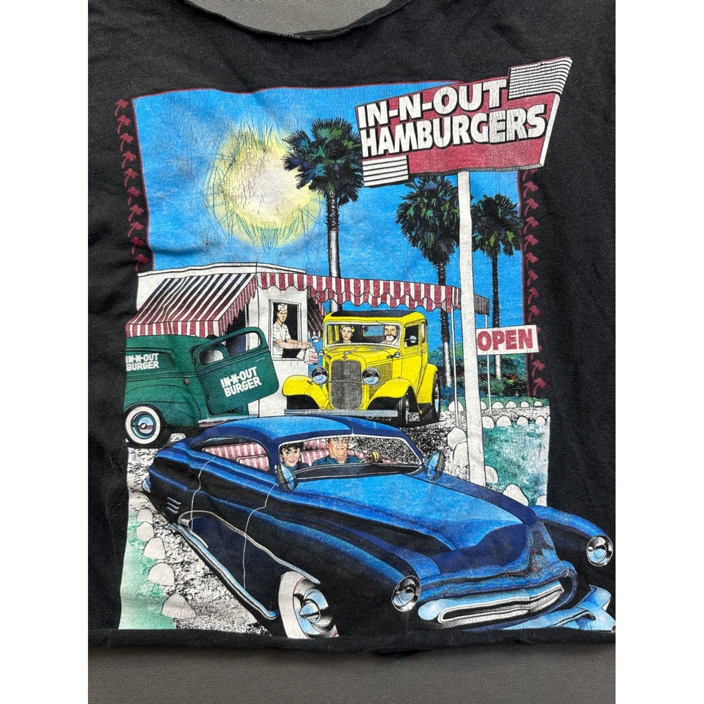 In-N-Out‎ Burger Graphic T-Shirt Black Reworked Cropped Raw Hem Small Hot Rods